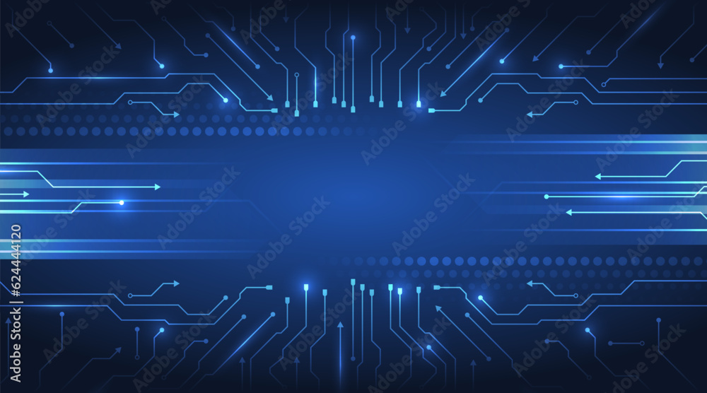 Wide Cyber security internet and networking concept. Hi-tech vector illustration with various technology elements. Abstract circuit board. Digital internet communication on blue background.