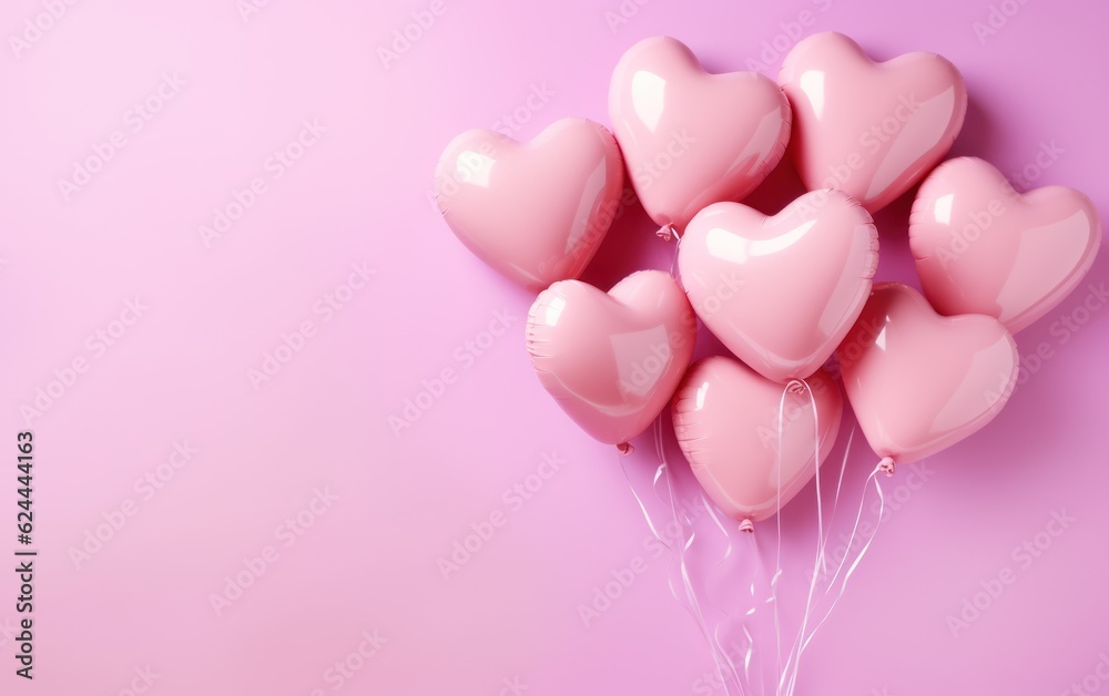 Pink heart shaped helium balloons on pink background. AI Generative