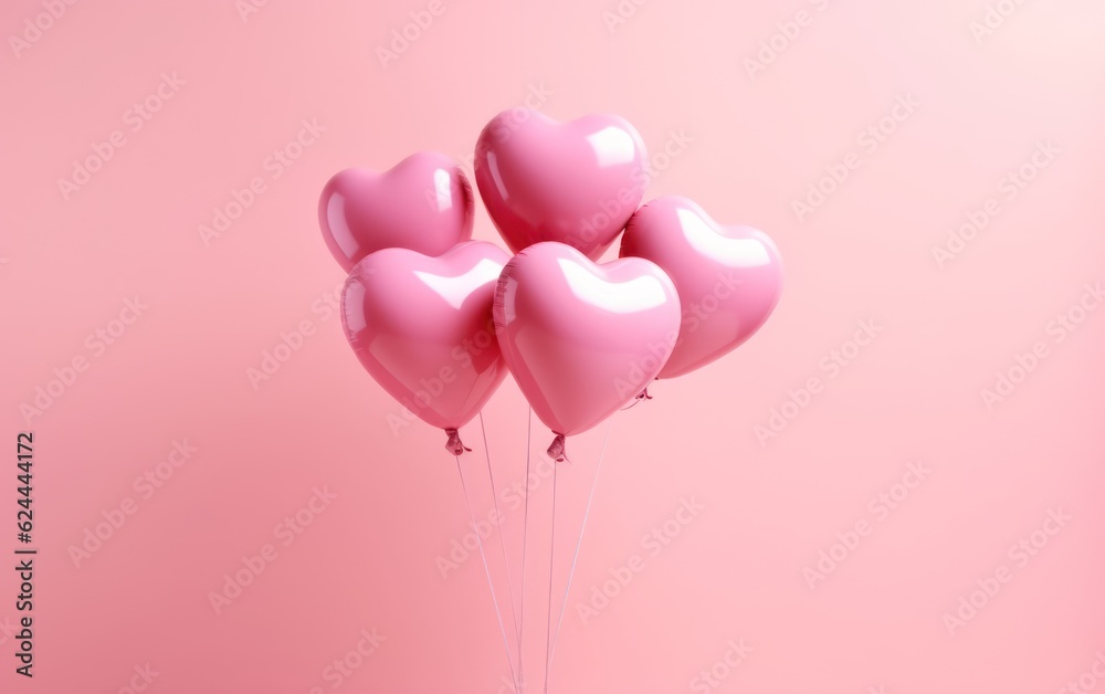 Pink heart shaped helium balloons on pink background. AI Generative
