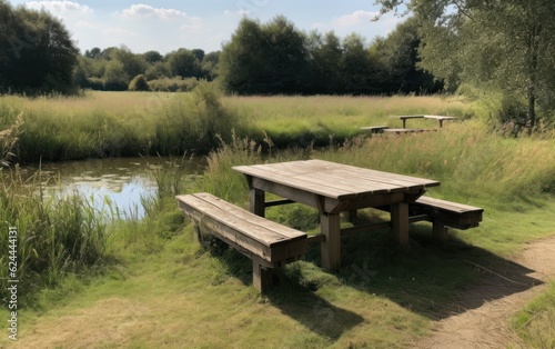 Picnic area in a meadow next to a wildlife pond with a wooden platform. AI Generative