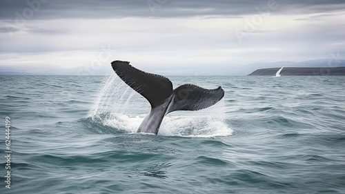 The Graceful Tail of a Humpback Whale Dancing Beneath Iceland's Cloudy Sky in the Ocean Depths. Generative AI