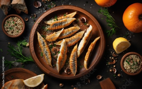 sardines fried in bread crumbs on a cutting board on a dark background, top view. AI Generative