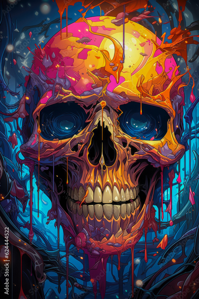 Psychedelic Neon Aggressively Grinning Human Skull, Dripping with Fractal Delights  Vector Art