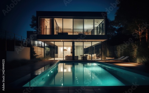 Swimming pool and modern house at night. AI Generative