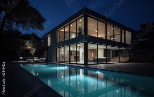 Swimming pool and modern house at night. AI Generative
