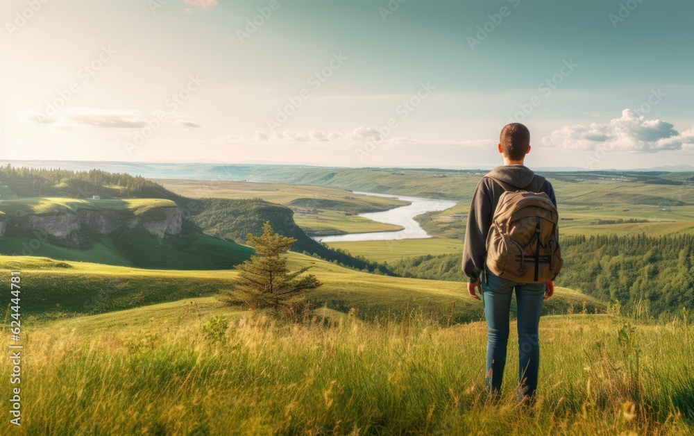 Tourist with backpack standing on top of hill in grass field and enjoying beautiful landscape. AI Generative