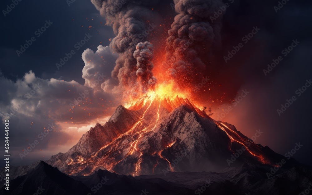 volcanic eruption with lava going down. AI Generative