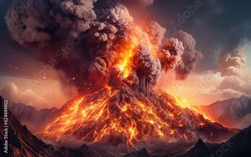 volcanic eruption with lava going down. AI Generative