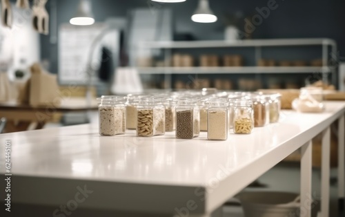 White Table with Supermarket on the background out focus, Food shelf. AI Generative © Tisha