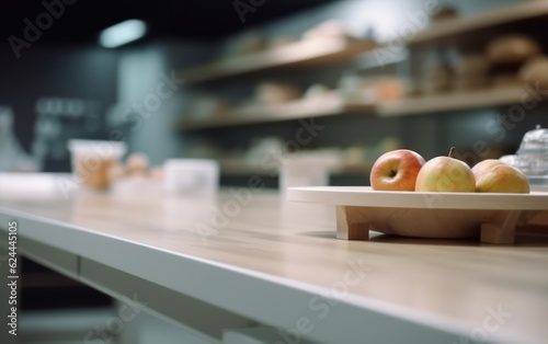 White Table with Supermarket on the background out focus  Food shelf. AI Generative