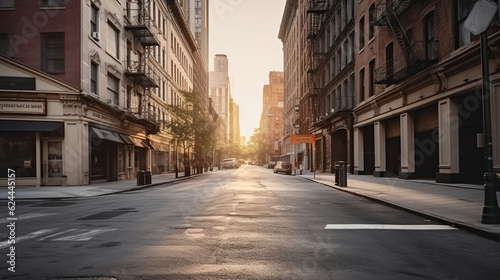 A Captivating Empty Street Bathed in the Warmth of Sunset. Generative AI
