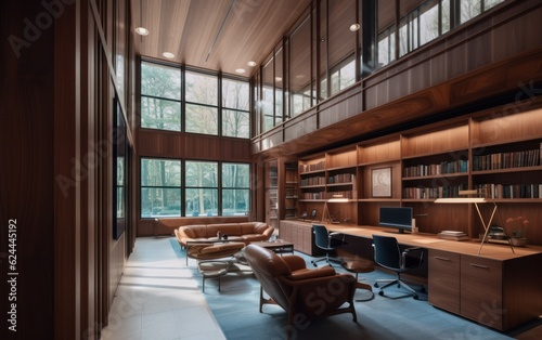 working library with modern wood paneling walls and ceiling with glazed partitions. AI Generative