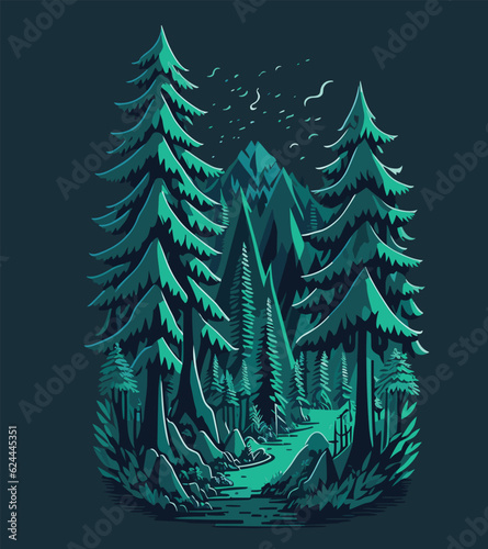 A pine forest landscape ,magic, t-shirt design, vibrant pale green colors