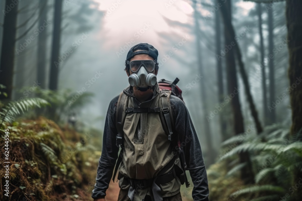 A thought-provoking photo of a hiker wearing a protective mask amidst a heavily polluted forest, urging viewers to take action against air pollution. Generative AI
