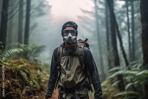A thought-provoking photo of a hiker wearing a protective mask amidst a heavily polluted forest, urging viewers to take action against air pollution. Generative AI © bluebeat76