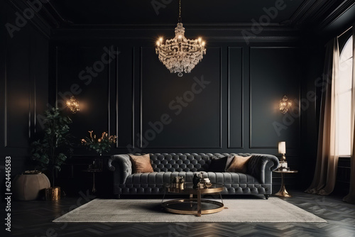 living room with modern interior design for home against the background of a dark classic wall, generative AI © Kien