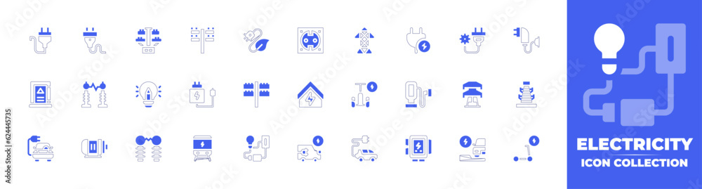Electricity icon collection. Duotone style line stroke and bold. Vector illustration. Containing plug, electric pole, plug in, electric socket, electric tower, electric charge, electrical, and more.