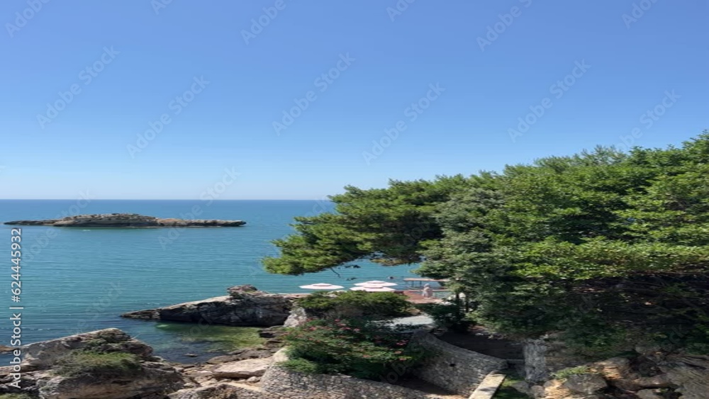 Resort beach on Mediterranean sea at summer, vertical video. Resort beach on Mediterranean sea at summer, vertical video.