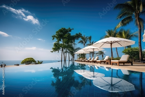Luxurious swimming pool and loungers umbrellas near beach and sea with palm trees and blue sky, generative AI