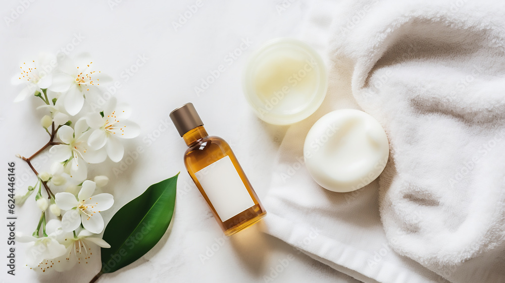 Spa still life with creams, essential oils, towels on light background. Healthy lifestyle, body care, Spa treatmen Flat lay, top view, Blurry background, template, Bokeh, Copy Space, Generative AI Spa still life with creams, essential oils, towels on light background. Healthy lifestyle, body care, Spa treatmen Flat lay, top view, Blurry background, template, Bokeh, Copy Space, Generative AI