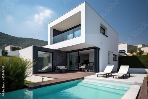 modern villa with open plan living and private bedroom wing with small terrace for relaxation, generative AI © Kien
