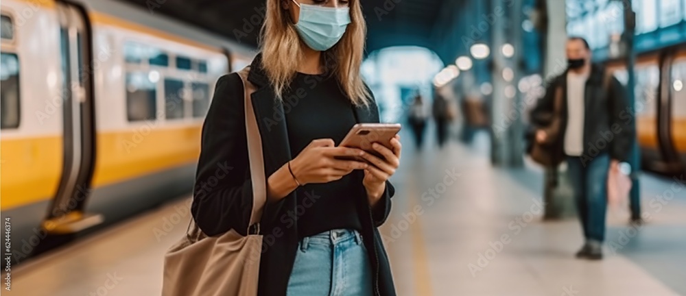 A Young woman wearing a face mask waiting at the train station and looking at the smartphone. Generative AI A Young woman wearing a face mask waiting at the train station and looking at the smartphone. Generative AI