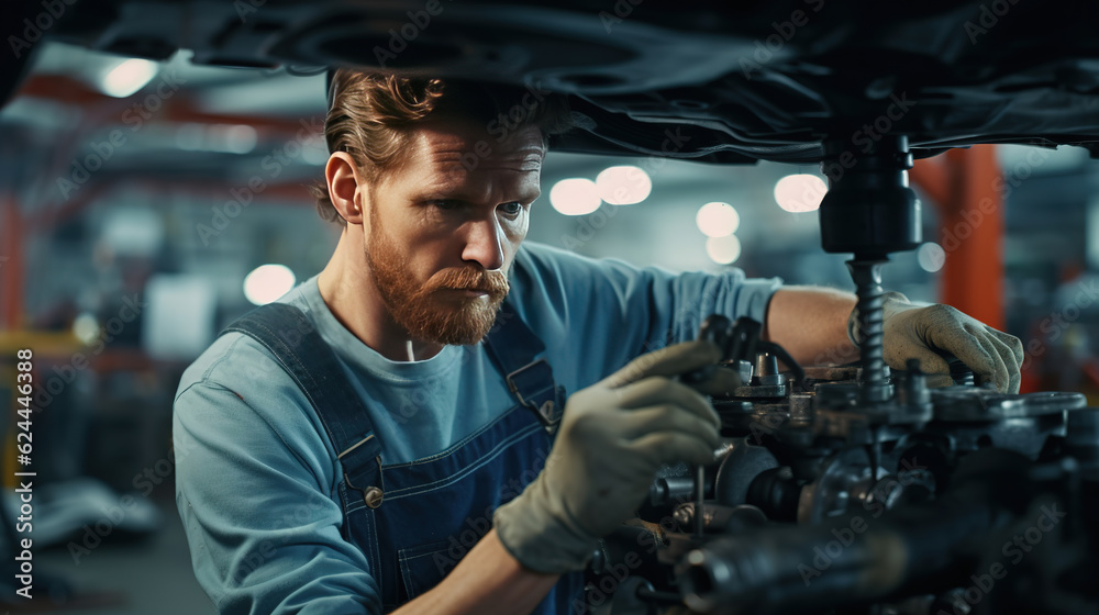 Expert Care Under the Lift: A Skilled Worker Repairing a Vehicle in a Car Service