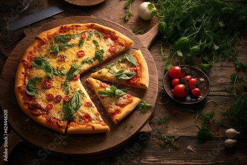 Rustic delicious pizza in a peel surrounded by fresh ingredients. Generated by AI