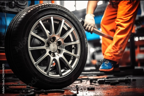 Car Mechanics Changing Tires at an Auto Repair Shop Garage