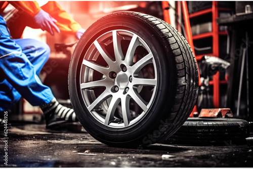 Car Mechanics Changing Tires at an Auto Repair Shop Garage