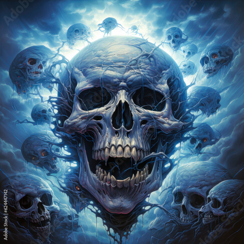 Death CD - Skulls on Lightning in Dark Blue and Sky-Blue Devil core with Detailed Shading