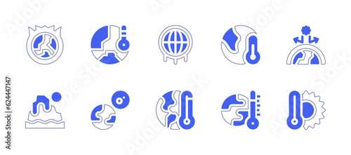 Global warming icon set. Duotone style line stroke and bold. Vector illustration. Containing global warming, greenhouse effect, polar ice, earth, global, climate change, ecology.