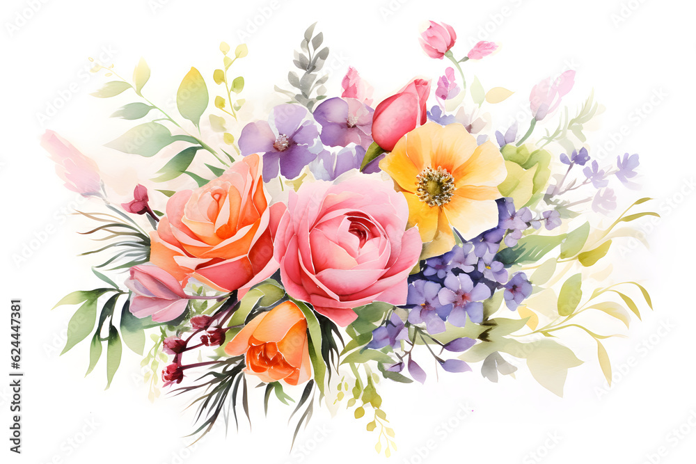 Beautiful colorful flowers and leaves in watercolor paint on white background. Water color hand drawn flower bunch with leaves stock illustration for print. Background and wallpaper. Ai generative