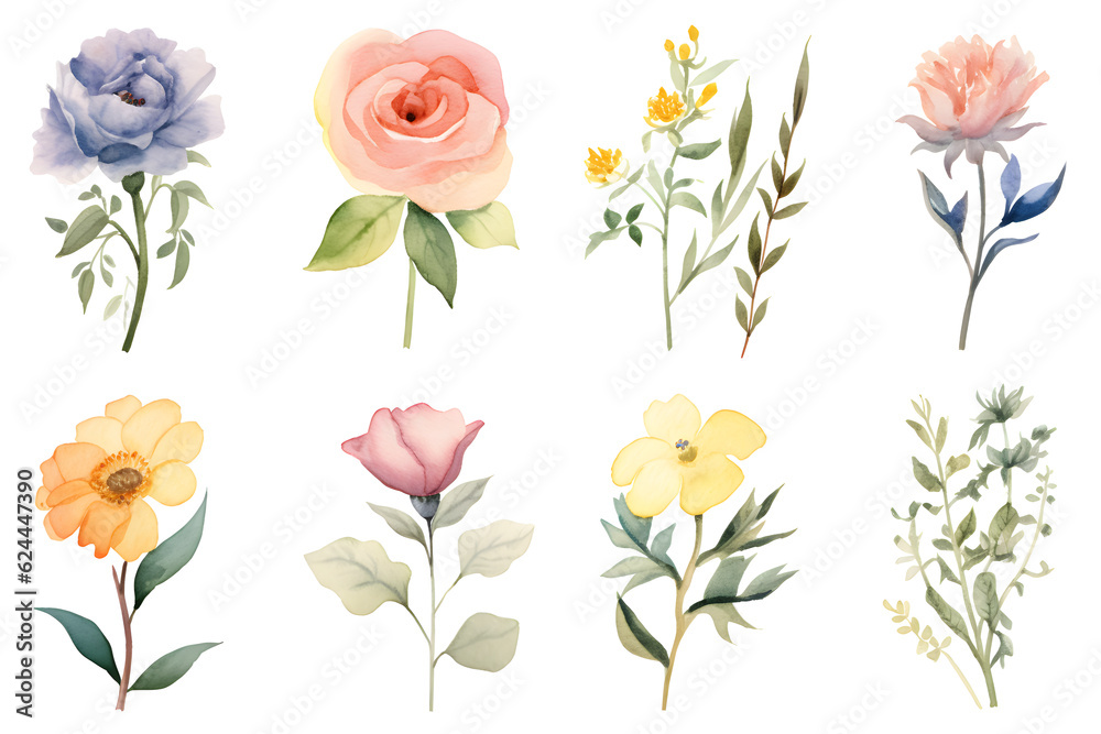 Beautiful colorful flowers and leaves in watercolor paint on white background. Water color hand drawn flower bunch with leaves stock illustration for print. Background and wallpaper. Ai generative