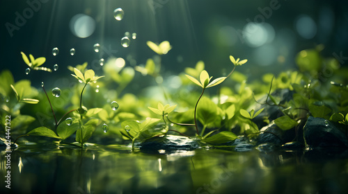 Green leaves in the garden during summer under sunlight with bokeh. and water drop. Nature of green leaf in park. Spring background cover page environment ecology or greenery wallpaper. Ai generative