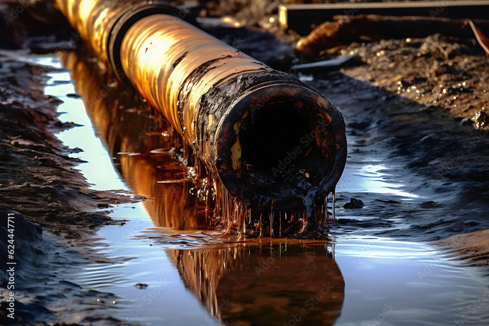 Close-up view illustration of a broken industrial pipe leaking oil onto the ground. Generative AI.