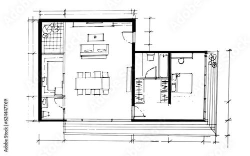 line drawing of house plan,a line drawing Using interior architecture, assembling graphics, working in architecture, and interior design, among other things.,house interior or interior design