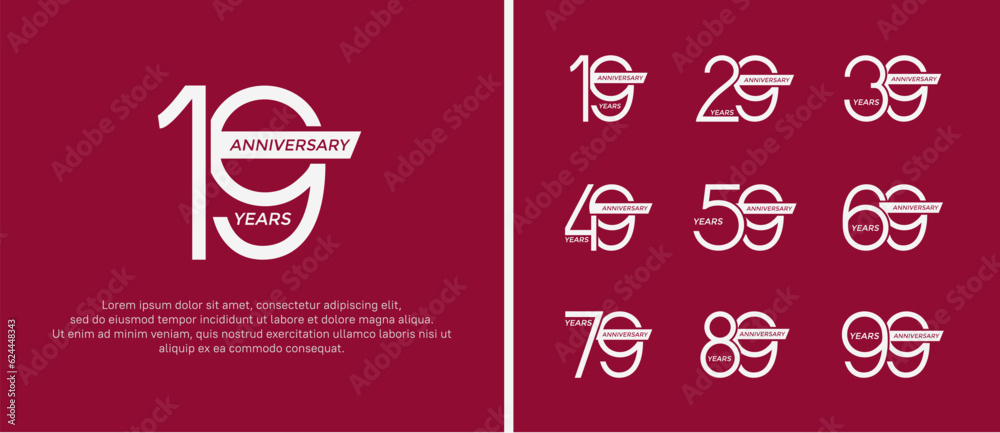 set of anniversary logo white color and ribbon on red background for celebration moment