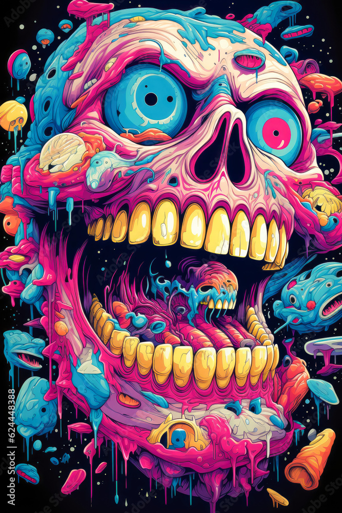 Fototapeta premium Skull Dark Sky-Blue and Pink Graphic Concept Art by Otherworldly Grotesquely in Hyper-Detailed Illustrations
