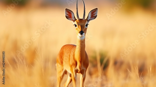 Steenbok, Raphicerus campestris, sunset evening light, Wildlife scene from nature. Animal on the meadow. Deer in the wild Africa. Generative AI photo