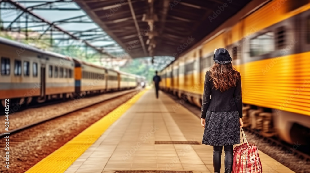 Woman Anticipates Journey at Railway Station Platform. Generative AI