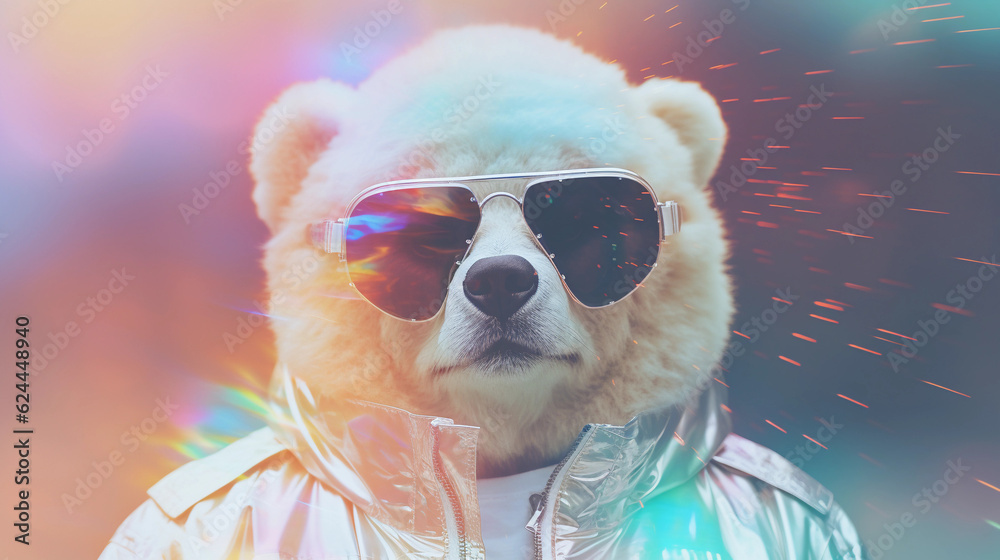an iridescence photo of a bear with particle glitch in real time created by generative AI