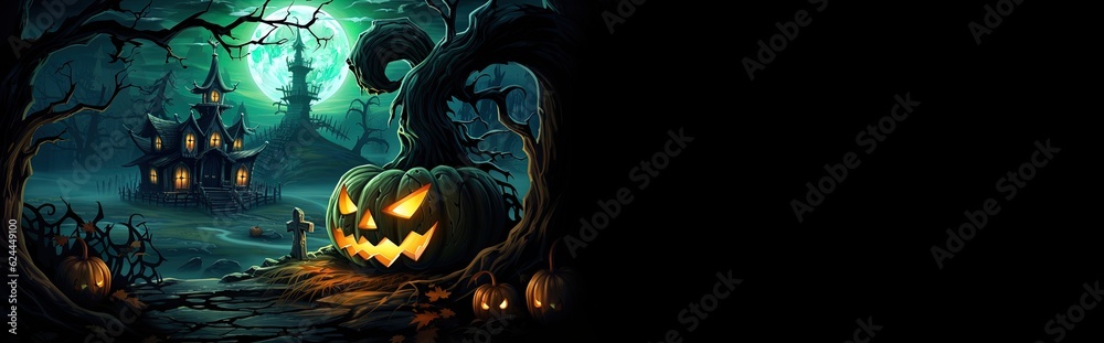 Halloween, trick or treat card, banner for spooky celebration. Jack O Lantern, scary forest, bats. Pumpkins grinning in a dark night. Generative AI.