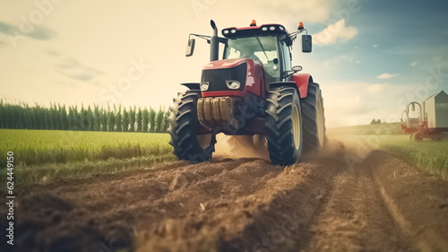 Tractor with harrow in the field against a cloudy sky. Tractor on cloudy sky background  agricultural machine.