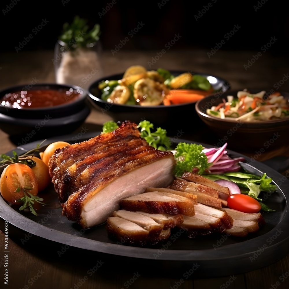 Enticing image of crispy roast port and BBQ pork with side dishes. Pork, roasted, bbq, crispy, delicious. Created with Generative AI Technology. 
