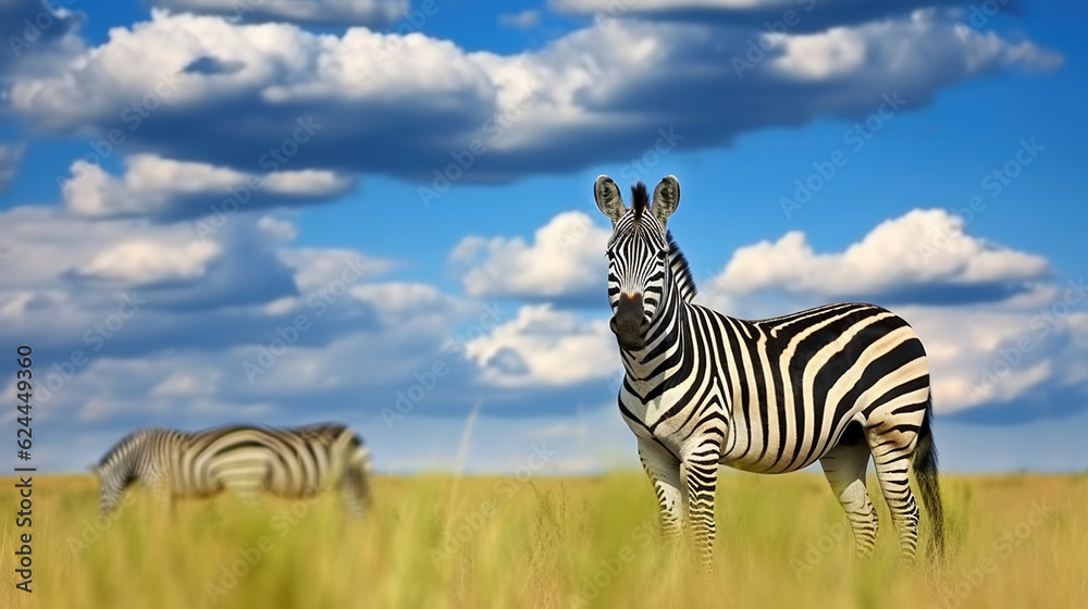 Fototapeta premium Wild Zebra Embraces the Green Meadow under Dramatic Skies, Wildlife nature. Generative AI