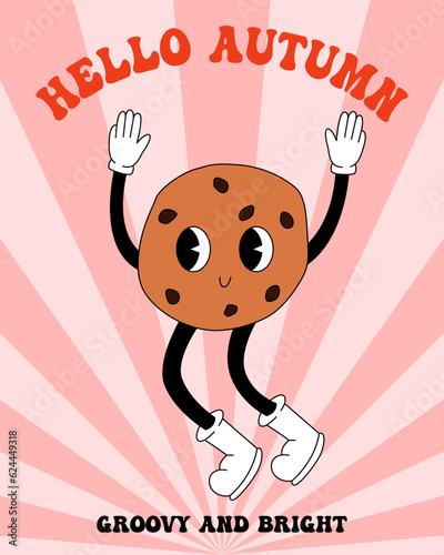 70s, 80s groovy posters, retro print with hippie cookie with pieces of chocolate. Cartoon psychedelic landscape, vintage funky print. Hello autumn text, fall vibe, holiday.