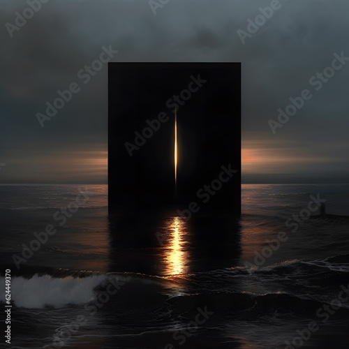 Alien structure with doorway, on beach at sunset.