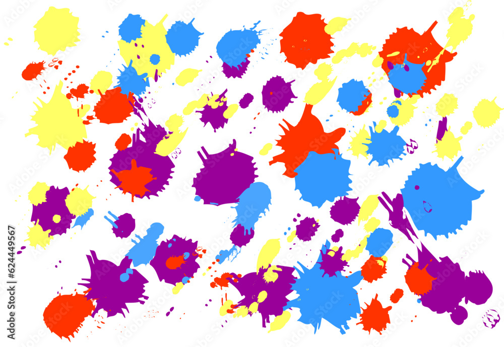 Happy Holi festival of colors. Holiday of hinduism, bengali new year. Splashes colorful of paint on white background. Template with inscription for banner, flyer, postcard. Flat vector illustration.