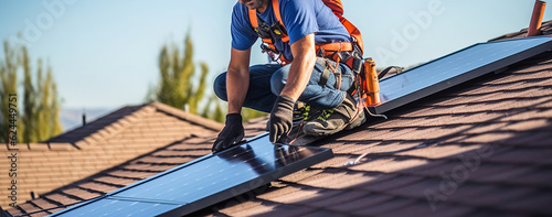 A worker installs solar panels on the roof of a house, Generative AI